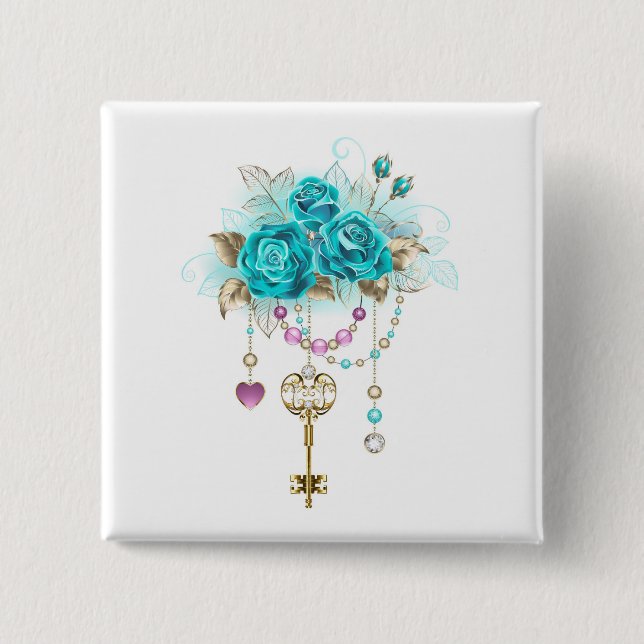 Turquoise Roses with Keys Button (Front)