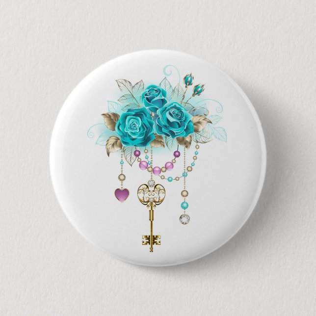 Turquoise Roses with Keys Button (Front)