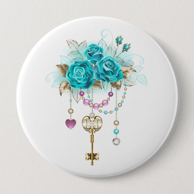 Turquoise Roses with Keys Button (Front)