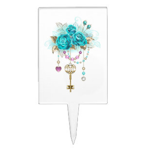 Turquoise Roses with Keys Cake Topper