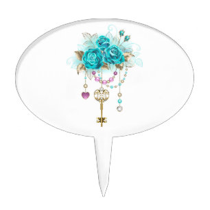Turquoise Roses with Keys Cake Topper