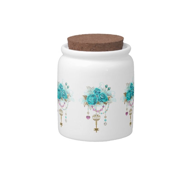 Turquoise Roses with Keys Candy Jar (Front)