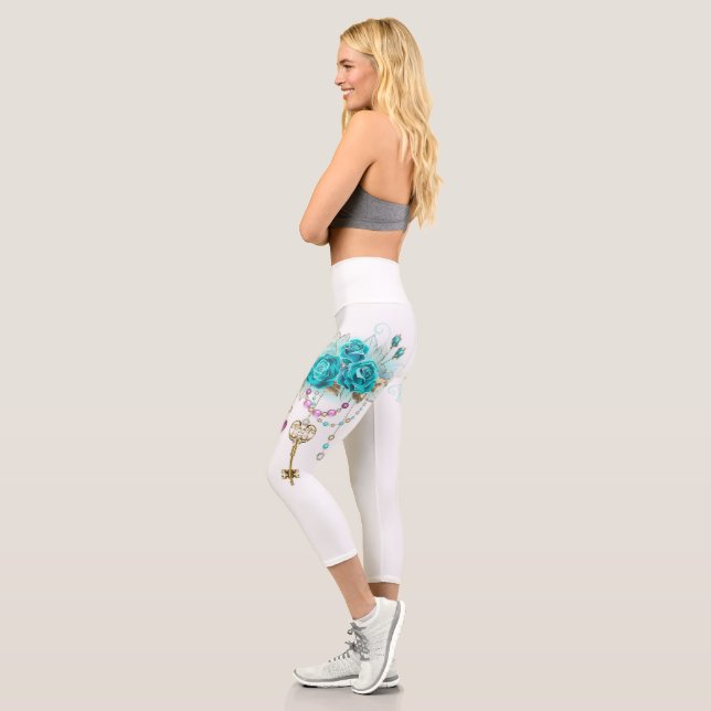 Turquoise Roses with Keys Capri Leggings (Left)