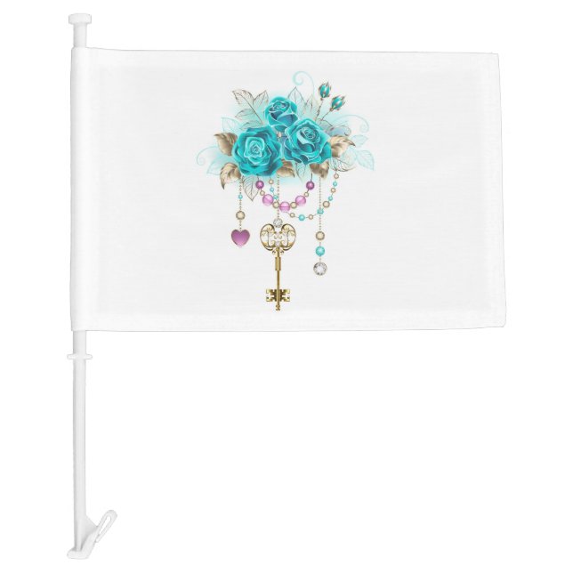 Turquoise Roses with Keys Car Flag (Front)