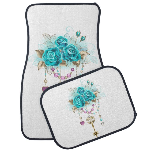 Turquoise Roses with Keys Car Floor Mat (Set)