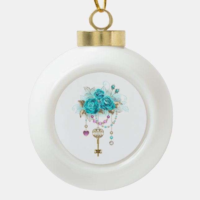Turquoise Roses with Keys Ceramic Ball Christmas Ornament (Front)