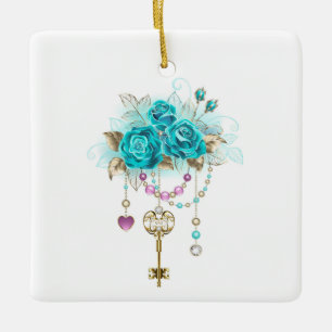 Turquoise Roses with Keys Ceramic Ornament