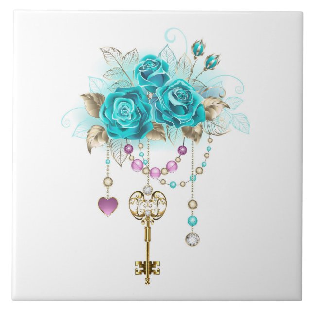 Turquoise Roses with Keys Ceramic Tile (Front)