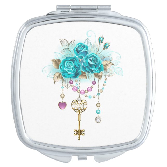 Turquoise Roses with Keys Compact Mirror (Front)