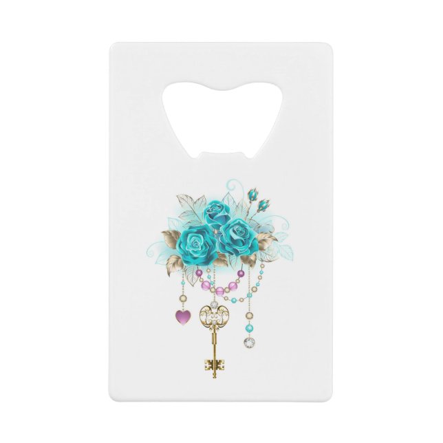 Turquoise Roses with Keys Credit Card Bottle Opener (Front)