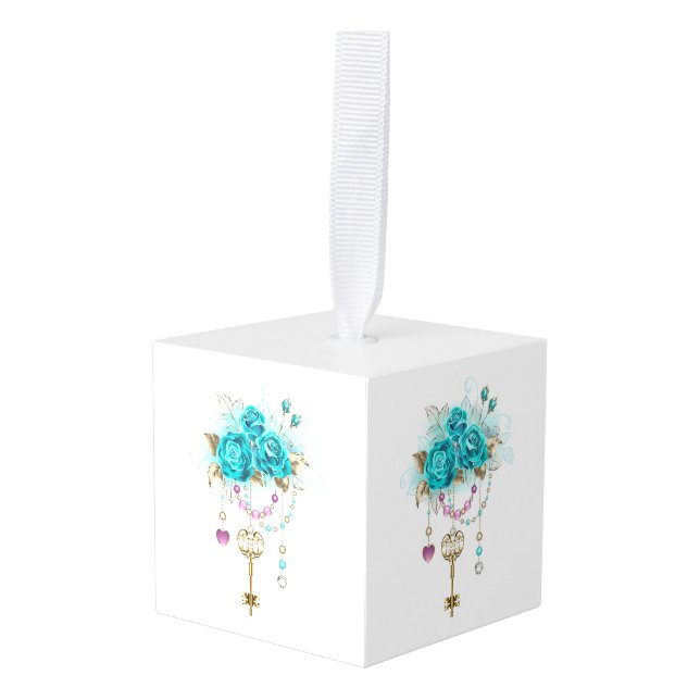 Turquoise Roses with Keys Cube Ornament (Front Angled)