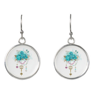 Turquoise Roses with Keys Earrings