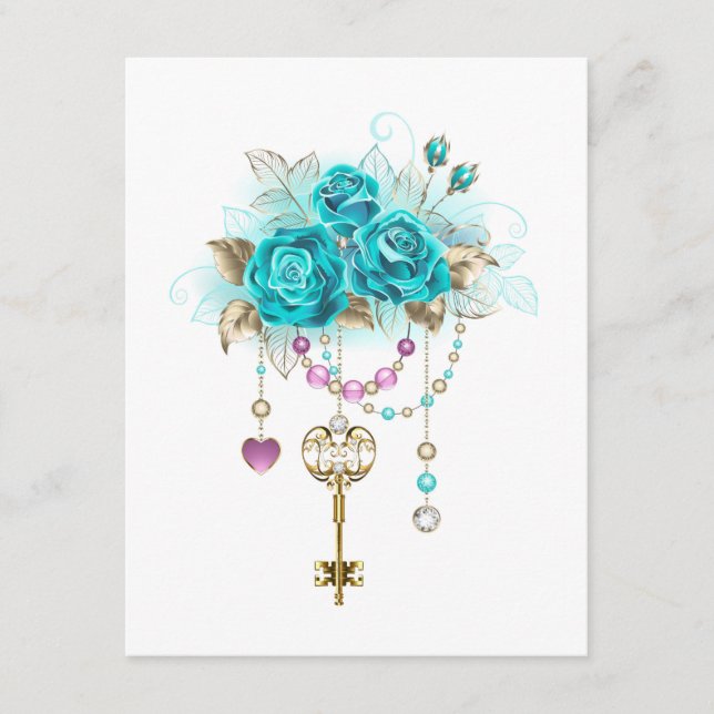 Turquoise Roses with Keys Enclosure Card (Front)