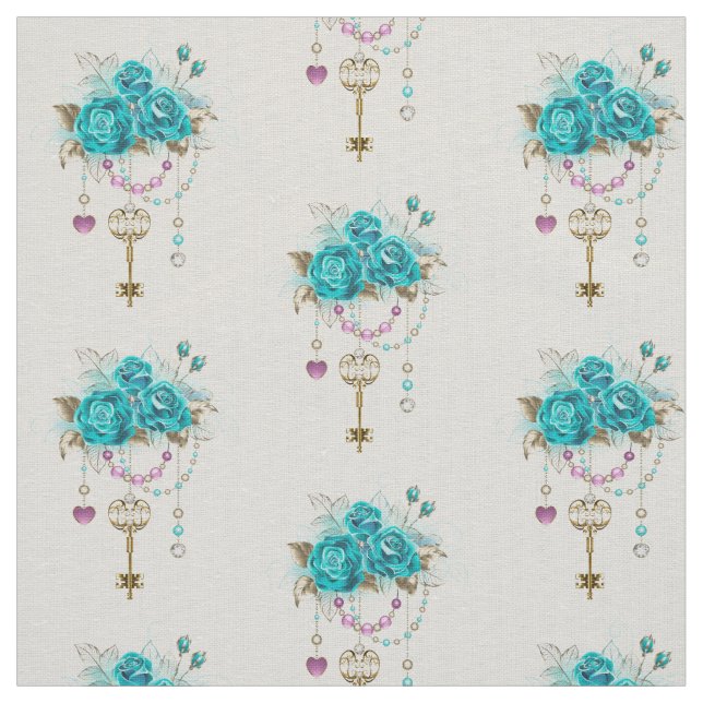 Turquoise Roses with Keys Fabric (Swatch)