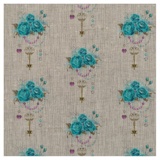 Turquoise Roses with Keys Fabric