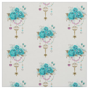 Turquoise Roses with Keys Fabric