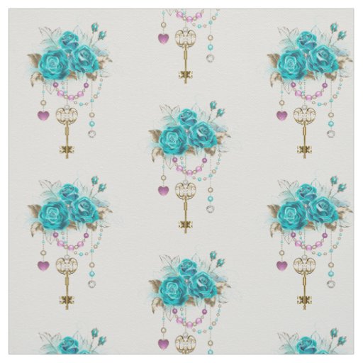 Turquoise Roses with Keys Fabric