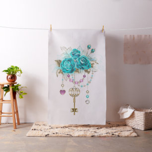 Turquoise Roses with Keys Fabric