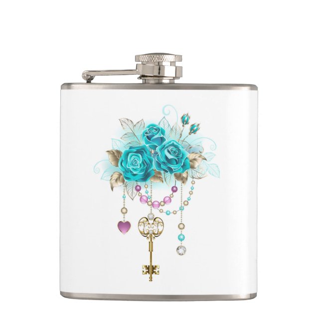Turquoise Roses with Keys Flask (Front)