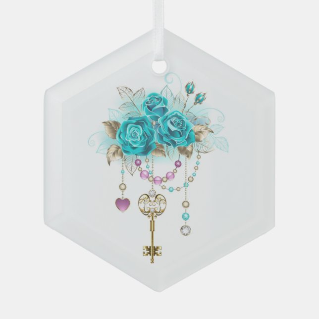 Turquoise Roses with Keys Glass Ornament (Front)