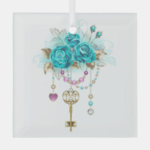 Turquoise Roses with Keys Glass Ornament