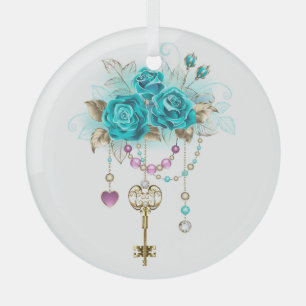 Turquoise Roses with Keys Glass Ornament