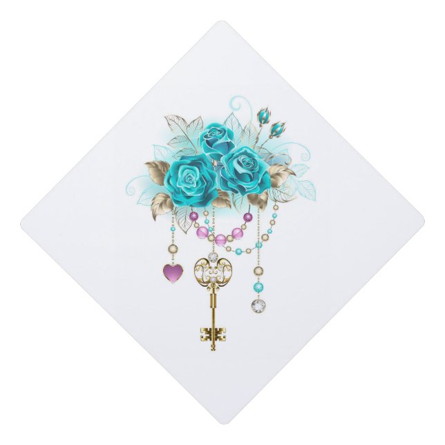 Turquoise Roses with Keys Graduation Cap Topper (Front)