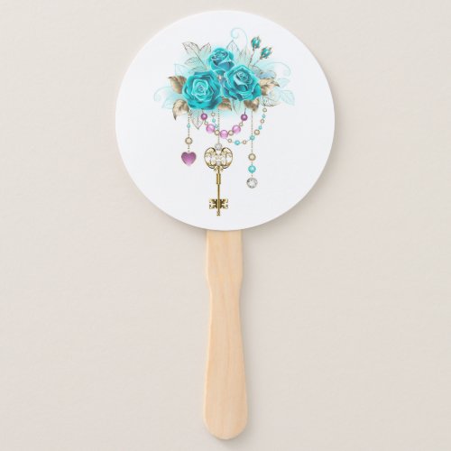 Turquoise Roses with Keys Hand Fan