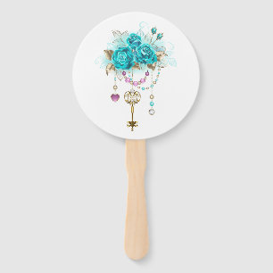 Turquoise Roses with Keys Hand Fan