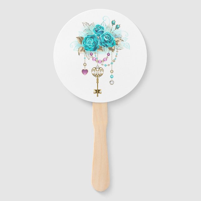 Turquoise Roses with Keys Hand Fan (Front)