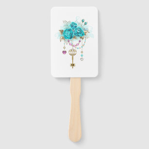 Turquoise Roses with Keys Hand Fan