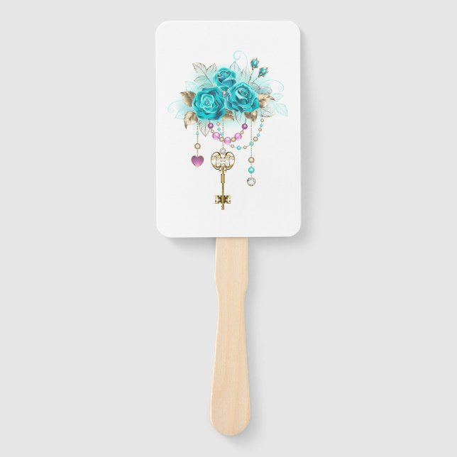 Turquoise Roses with Keys Hand Fan (Front)