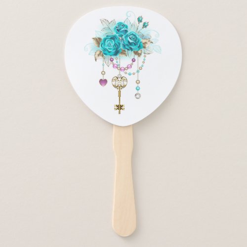 Turquoise Roses with Keys Hand Fan