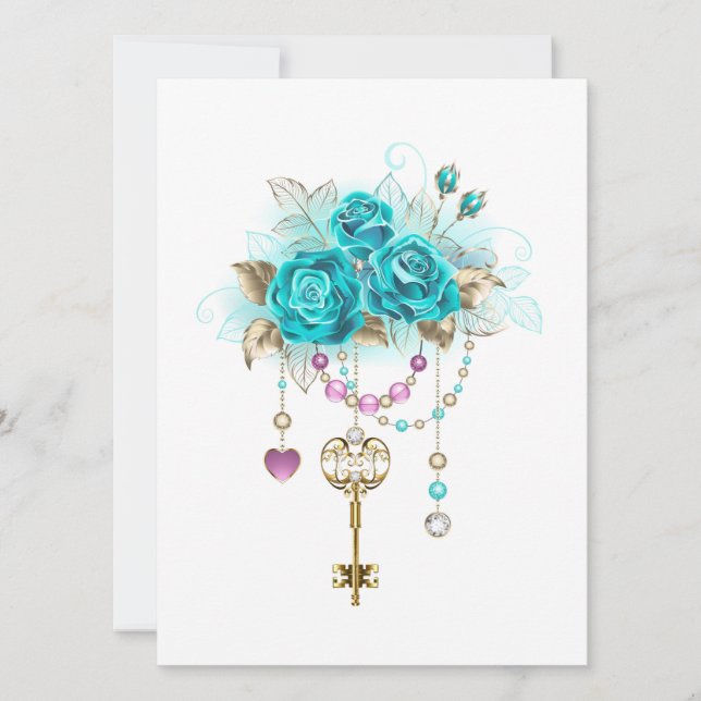 Turquoise Roses with Keys Holiday Card (Front)