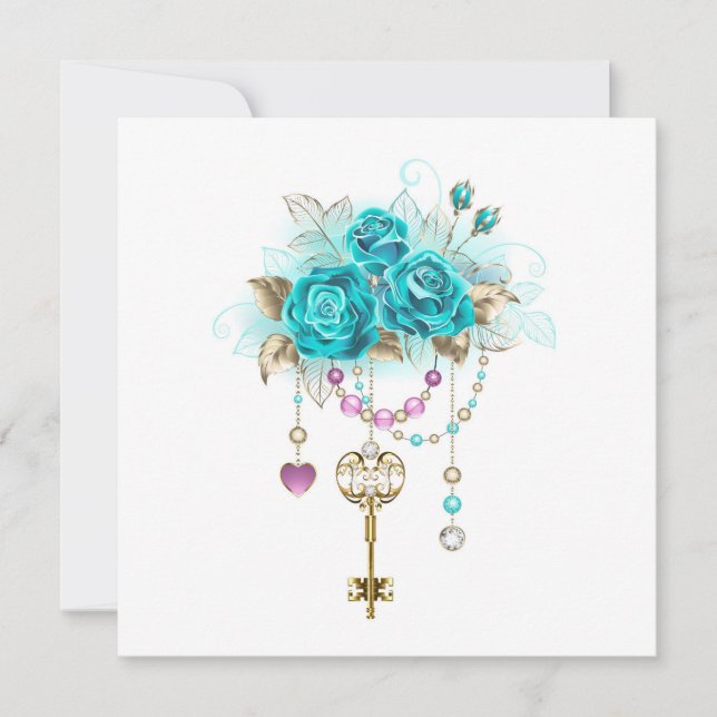 Turquoise Roses with Keys Holiday Card (Front)