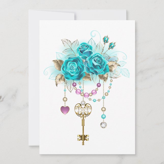 Turquoise Roses with Keys Invitation (Front)