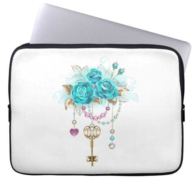 Turquoise Roses with Keys Laptop Sleeve (Front)