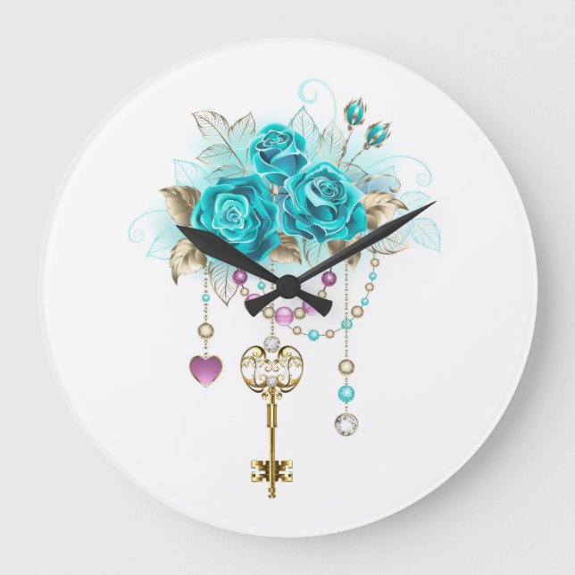 Turquoise Roses with Keys Large Clock (Front)