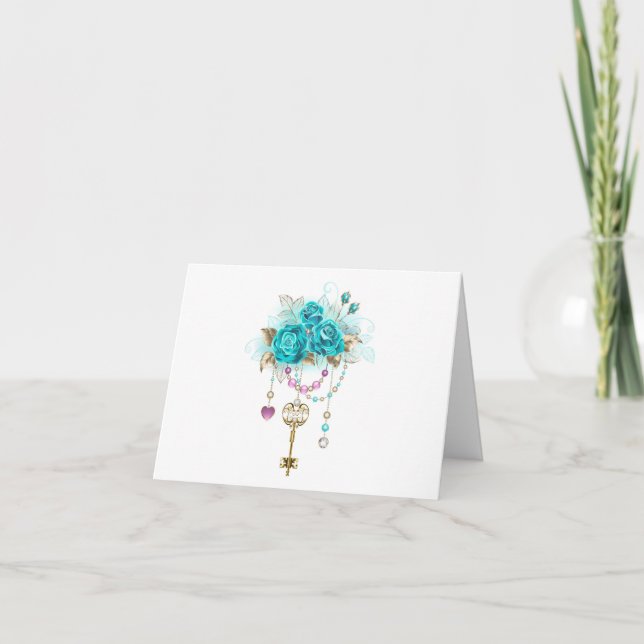 Turquoise Roses with Keys Letterpress Thank You Card (Front)