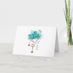 Turquoise Roses with Keys Letterpress Thank You Card