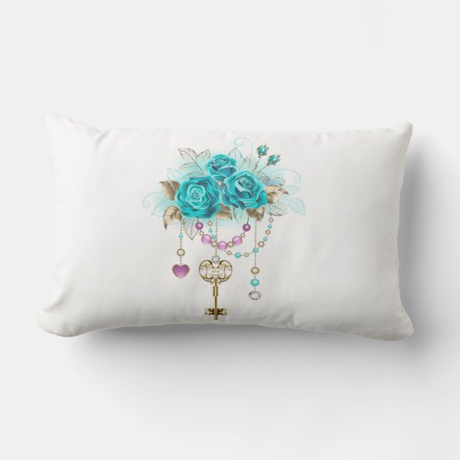 Turquoise Roses with Keys Lumbar Pillow (Front)