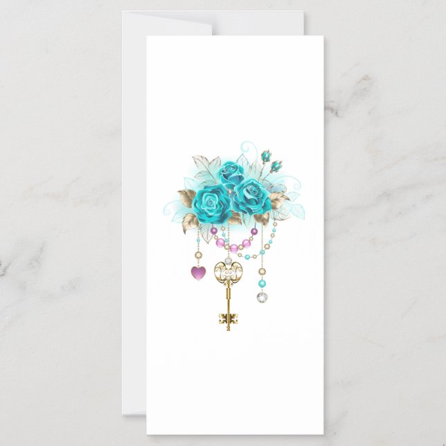 Turquoise Roses with Keys Magnetic Invitation (Front)