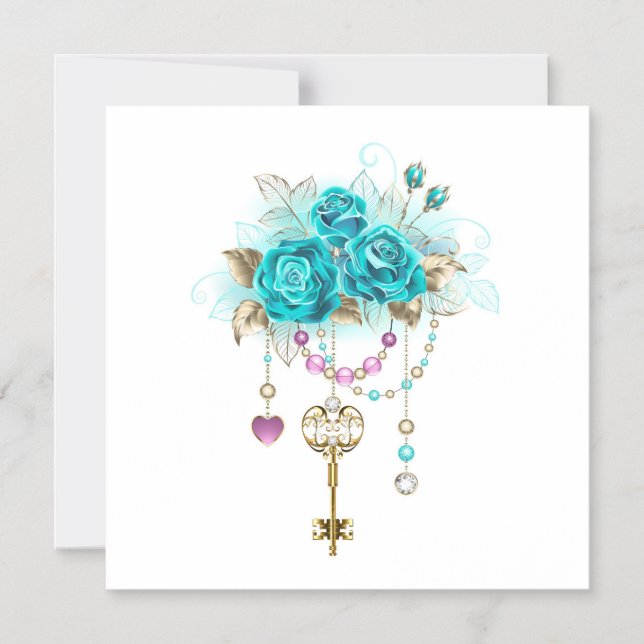 Turquoise Roses with Keys Magnetic Invitation (Front)
