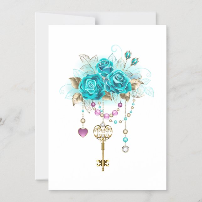 Turquoise Roses with Keys Magnetic Invitation (Front)