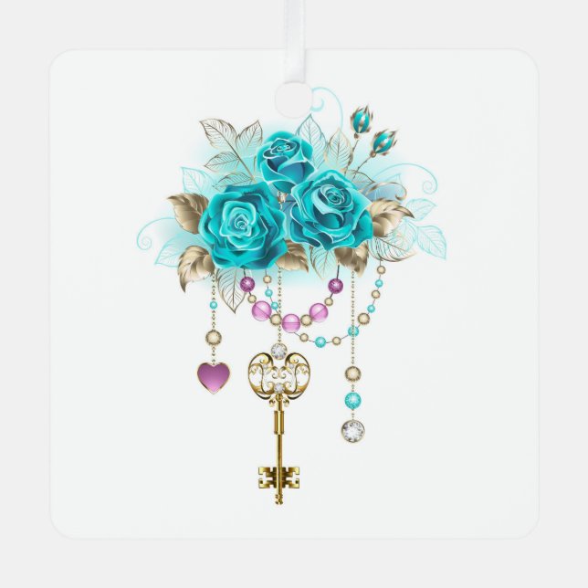 Turquoise Roses with Keys Metal Ornament (Front)