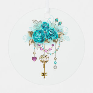 Turquoise Roses with Keys Metal Ornament