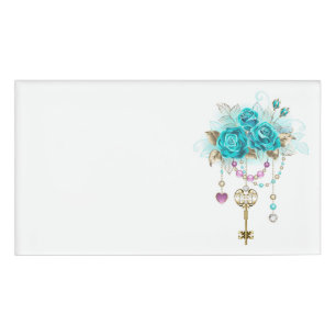 Turquoise Roses with Keys Name Tag
