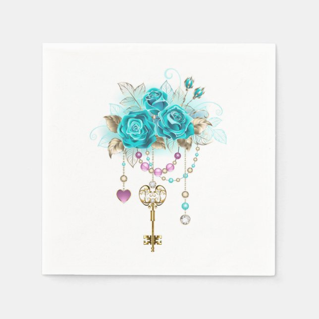 Turquoise Roses with Keys Napkins (Front)