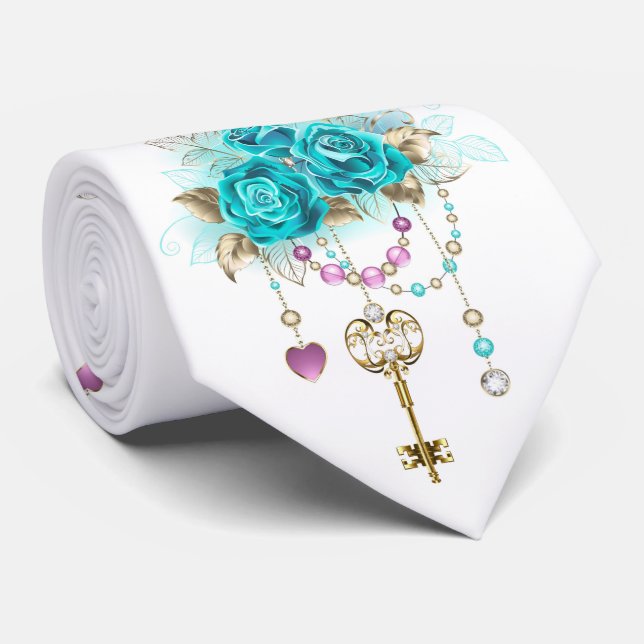 Turquoise Roses with Keys Neck Tie (Rolled)