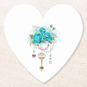 Turquoise Roses with Keys Paper Coaster